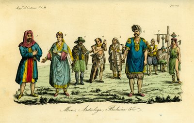 Uomo musulmano in pellegrinaggio alla Mecca, donna musulmana, uomo musulmano in abiti da viaggio, musulmano ordinario, santo derviscio, astrologo o Tagessa, mulattiere, barbiere o Kagiem, ragazza beduina vicino a Beja (Beggia) da Unbekannt