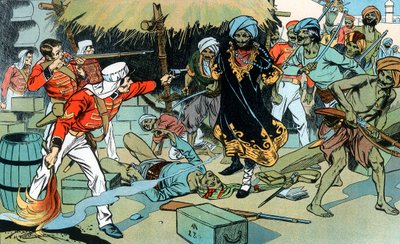 Rivoltosi che attaccano il magazzino a Delhi, Rivolta Indiana, 11 maggio 1857 c1900 da Unbekannt