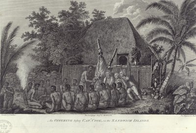 Nativi delle Isole Sandwich, Hawaii, che macellano maiali davanti al Capitano Cook, c1778 da Unbekannt