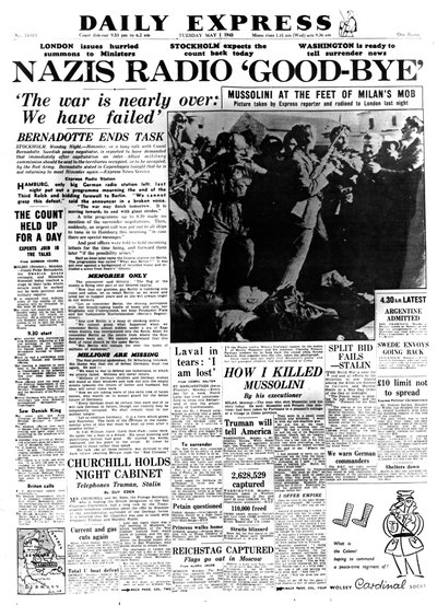 Addio alla radio dei nazisti, prima pagina del Daily Express, 1 maggio 1945 da Unbekannt