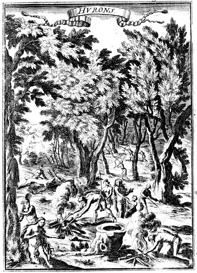 Indiani Huron del Nord America che cacciano e preparano cibo nel bosco, 1686 da Unbekannt