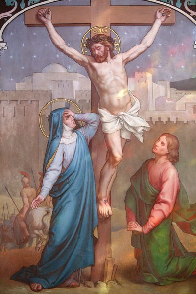 Dipinto della cattedrale di Notre Dame de Paris: Gesù sulla croce guarda Maria, Parigi, Francia da Unbekannt