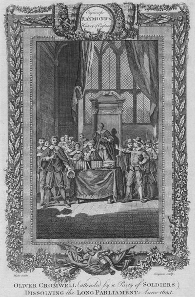 Oliver Cromwell accompagnato da una città di soldati che scioglie il Lungo Parlamento. Anno 1653, c1787 da Unbekannt