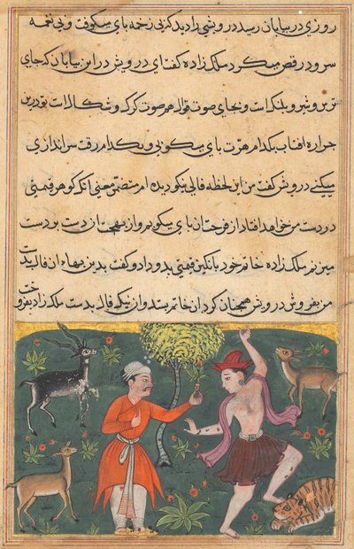 Pagina da Racconti di un pappagallo Tuti-nama: Diciottesima notte: Il principe incontra..., c. 1560 da Unbekannt