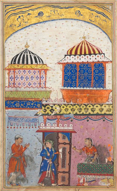 Pagina da Racconti di un pappagallo Tuti-nama: Ottava notte: Una donna chiede al suo amante di andarsene..., c. 1560 da Unbekannt