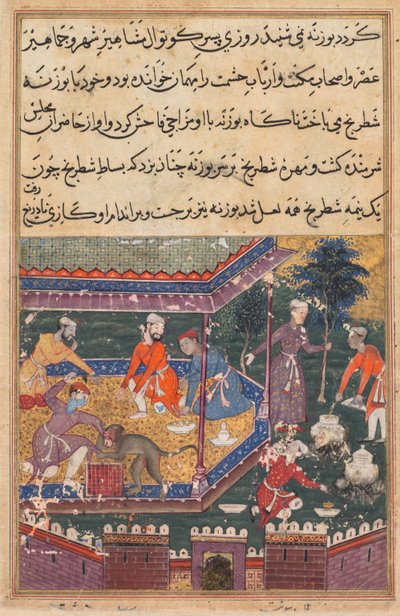 Pagina da Tales of a Parrot Tuti-nama: Quinta notte: La scimmia ferita morde la mano, c1560 da Unbekannt
