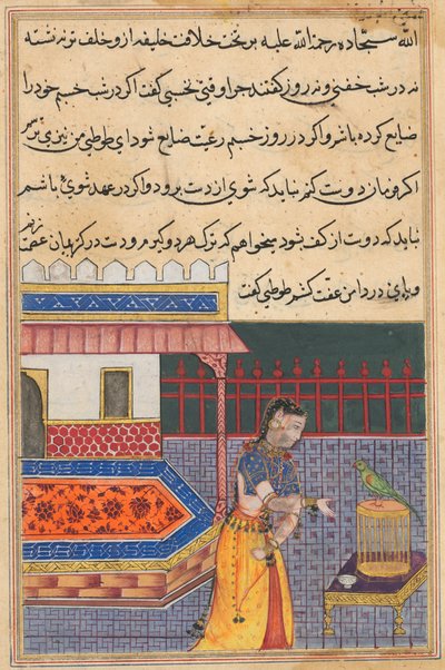 Pagina da Le storie di un pappagallo Tuti-nama: Quarantunesima notte: Il pappagallo si rivolge a Khujasta..., c. 156 da Unbekannt