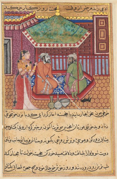 Pagina da Le storie di un pappagallo Tuti-nama: Quarantanovesima notte: Il fratello maggiore..., c. 1560 da Unbekannt