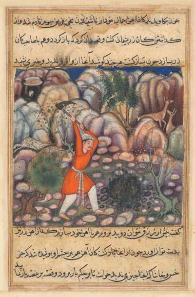 Pagina da Racconti di un pappagallo Tuti-nama: Quarantasettesima notte: Il quarto uomo scava..., c. 1560 da Unbekannt