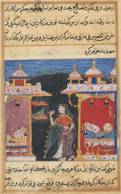 Pagina da Tales of a Parrot Tuti-nama: Settima notte: Il pappagallo si rivolge a Khujasta..., c. 1560 da Unbekannt
