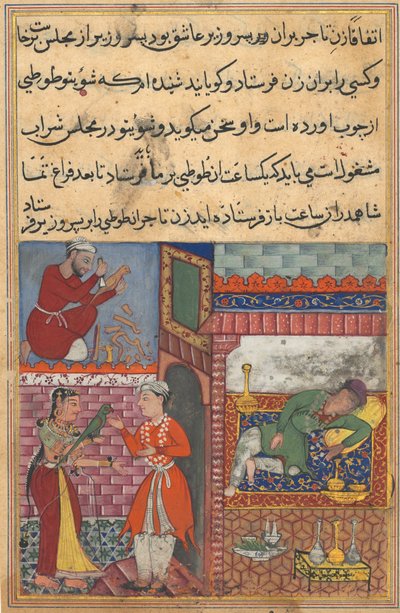 Pagina da Tales of a Parrot Tuti-nama: Decima notte: Il figlio del visir riceve la magia..., c. 156 da Unbekannt