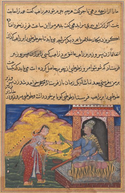 Pagina da Tales of a Parrot Tuti-nama: Decima notte: La moglie del visir invia la magia..., c. 1560 da Unbekannt