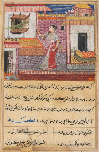 Pagina da Racconti di un pappagallo Tuti-nama: Tredicesima notte: Il pappagallo si rivolge a Khujasta..., c. 1560 da Unbekannt