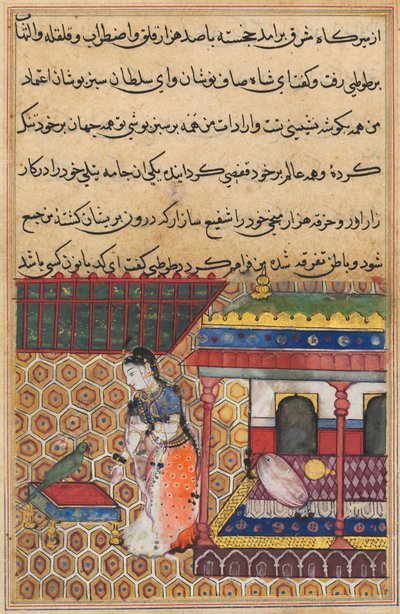 Pagina da Tales of a Parrot Tuti-nama: Trentasettesima notte: Il pappagallo si rivolge a Khujasta, c1560 da Unbekannt