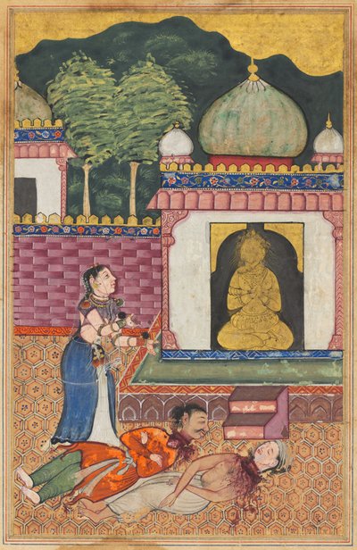 Pagina da Racconti di un pappagallo Tuti-nama: Trentaquattresima notte: La principessa scopre..., c. 1560 da Unbekannt