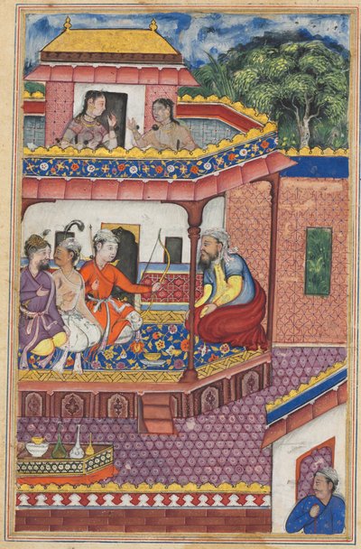 Pagina da Tales of a Parrot Tuti-nama: Trentaquattresima notte: I tre giovani uomini..., c1560 da Unbekannt
