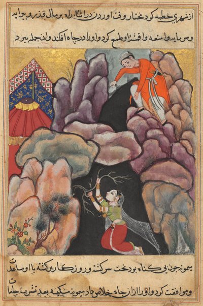 Pagina da Racconti di un pappagallo Tuti-nama: Venticinquesima notte: Mukhtar getta sua moglie..., c. 1560 da Unbekannt