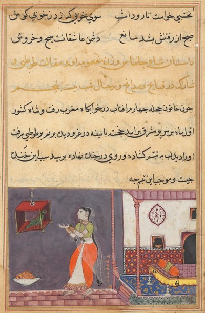 Pagina da Racconti di un Pappagallo Tuti-nama: Venticinquesima notte: Il pappagallo si rivolge a Khujasta..., c1560 da Unbekannt