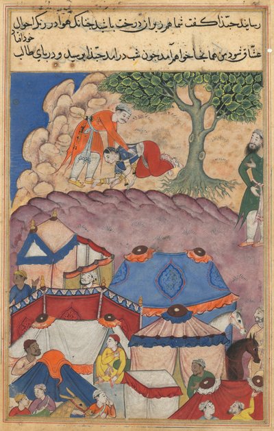 Pagina da Racconti di un pappagallo Tuti-nama: Ventiquattresima notte: Habbaza incontra Bashir, c. 1560 da Unbekannt