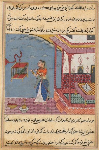 Pagina da Tales of a Parrot Tuti-nama: Ventiquattresima notte: Il pappagallo..., c. 1560 da Unbekannt
