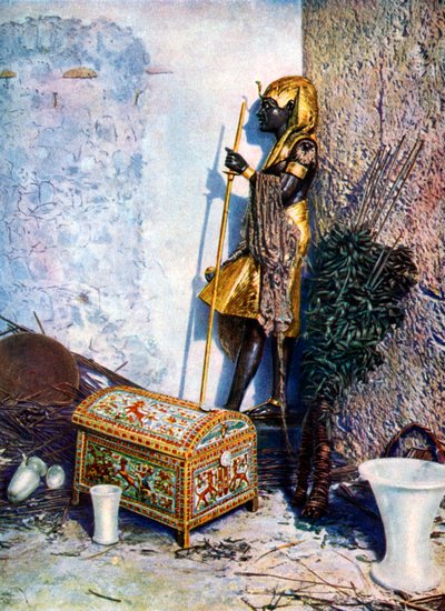 Baule dipinto, che giace ai piedi della statua di Tutankhamon, Egitto da Unbekannt