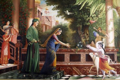 Dipinto al Bhaktivedanta Manor raffigurante il giovane Krishna che corre verso Madre Yasoda e Nanda Maharaj (i suoi genitori adottivi) Watford, Regno Unito da Unbekannt