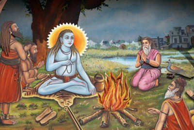 Santo uomo (seduto su una pelle di tigre come Shiva) circondato da seguaci, Haridwar, India da Unbekannt