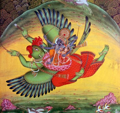 Vishnu e la sua consorte Lakshmi che cavalcano il dio-uccello Garuda da Unbekannt