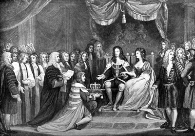 Il Parlamento offre la corona a Guglielmo e Maria, 1689, fine XVIII secolo da Unbekannt