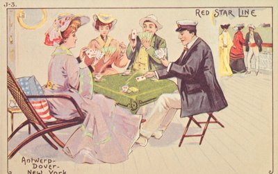 Passeggeri che giocano a carte sul ponte di un transatlantico Red Star, 1907 da Unbekannt