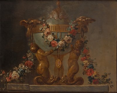 Bruciatore di profumo sostenuto da tritoni bambini e adornato con fiori, XVIII secolo da Unbekannt