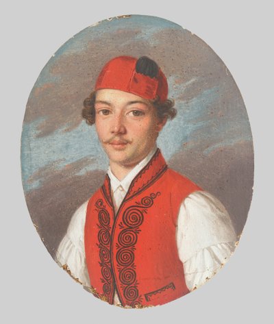 Ritratto di giovane uomo con gilet rosso e cappello dalmata da Unbekannt