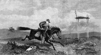 Cavaliere del Pony Express che attraversa un paese ostile inseguito da nativi americani, 1861 da Unbekannt