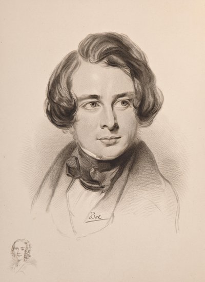Ritratto di Charles Dickens. Schizzo della sorella di Dickens, Fanny, in basso a sinistra, 1842 da Unbekannt