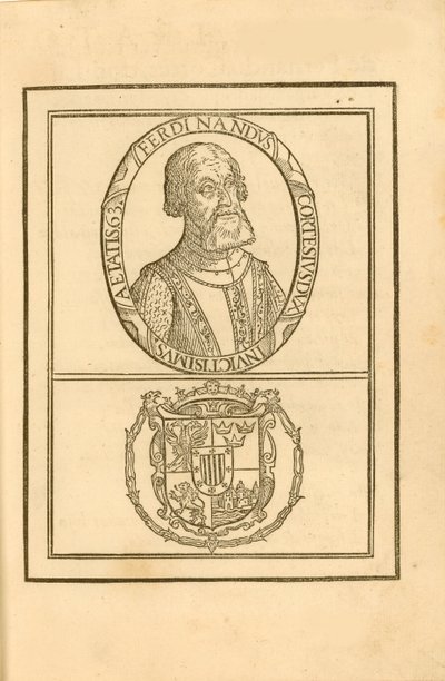 Ritratto di Hernán Cortés 1485-1547 con il suo stemma, 1588 da Unbekannt