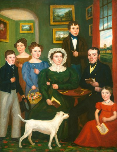 Ritratto di una famiglia sconosciuta con un terrier, c. 1825-1835 da Unbekannt