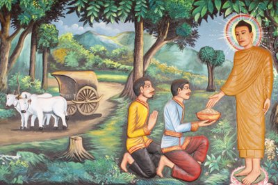 Monastero di Preah Prom Rath, Vita del Buddha, Siddhartha Gautama riceve cibo da due Brahmani, Siem Reap, Cambogia da Unbekannt