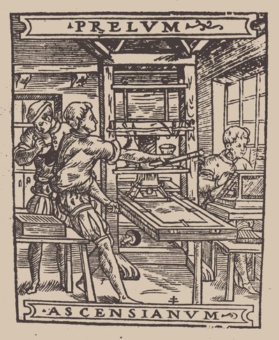 Prelum Ascensianum: dispositivo del tipografo con la pressa da stampa in funzione, primo quarto del XVI sec. da Unbekannt