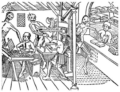 Operai della stampa molestati da scheletri, 1499 1956 da Unbekannt