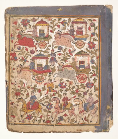 Processione di carrozze che trasportano bottino...da un manoscritto disperso del Bhagavata Purana, c. 1640-50 da Unbekannt