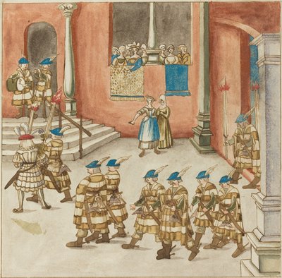 Processione di cavalieri vista da signore su un balcone da Unbekannt