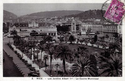 Provenza Alpi Costa Azzurra, Alpi Marittime (06), Nizza: vista dei Giardini Albert I e del Casinò Municipale Place Massena - Cartolina datata 1935 da Unbekannt