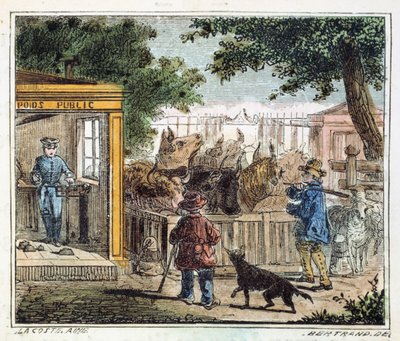 Bilancia pubblica usata per pesare il bestiame in un mercato, 1867 da Unbekannt