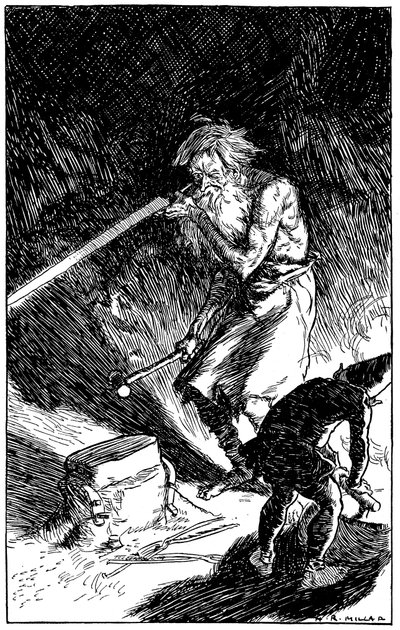 Puck aiuta Wayland, fabbro degli dei, a forgiare una spada, 1909 da Unbekannt