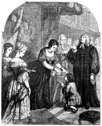 La regina Anna 1665-1714 che tocca il giovane Samuel Johnson per il male da Unbekannt