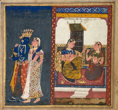 Radha e Krishna che si abbracciano, Foglia da un Gita Govinda, c. 1650 da Unbekannt
