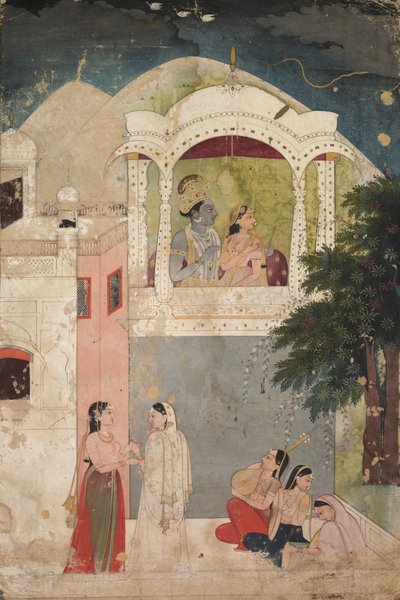 Radha e Krishna seduti su un balcone, c. 1760 da Unbekannt