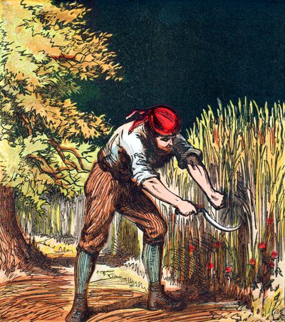 Mietitore che inizia a tagliare il raccolto di grano con una falce, 1867 da Unbekannt