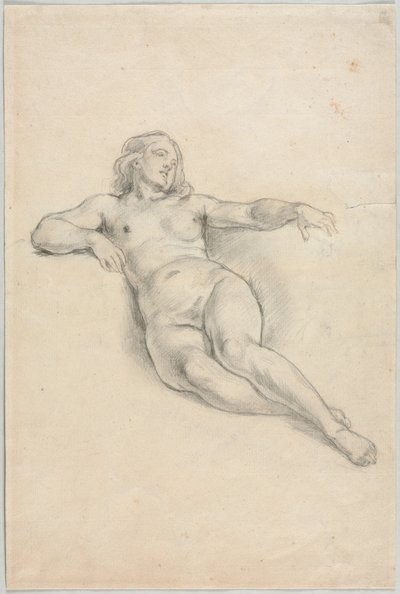 Nudo femminile reclinato recto, vari schizzi di figure e piante verso, XIX secolo da Unbekannt