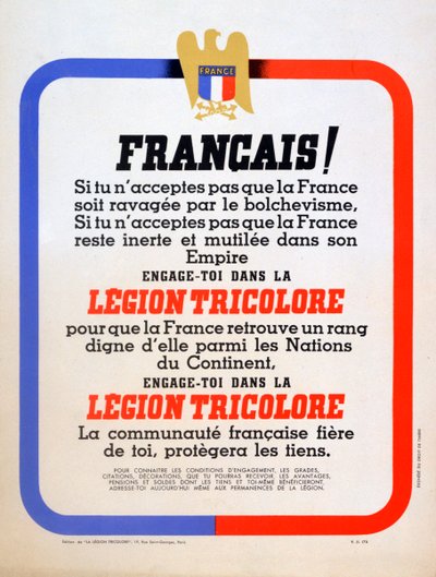 Poster di reclutamento per la Legione Tricolore Francese di Vichy, 1942 da Unbekannt